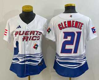Womens Puerto Rico Baseball #21 Roberto Clemente 2023 White World Classic Stitched Jersey->2023 world baseball classic->MLB Jersey